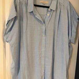 LOFT Light Blue and White Striped Button-Up Blouse